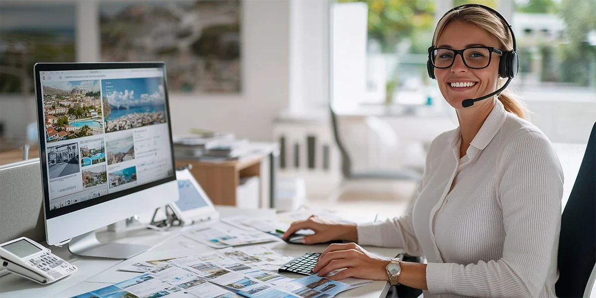 Corporate Travel Solutions consultant assisting clients at desk with headset and travel booking system on screen