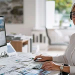 Corporate Travel Solutions consultant assisting clients at desk with headset and travel booking system on screen