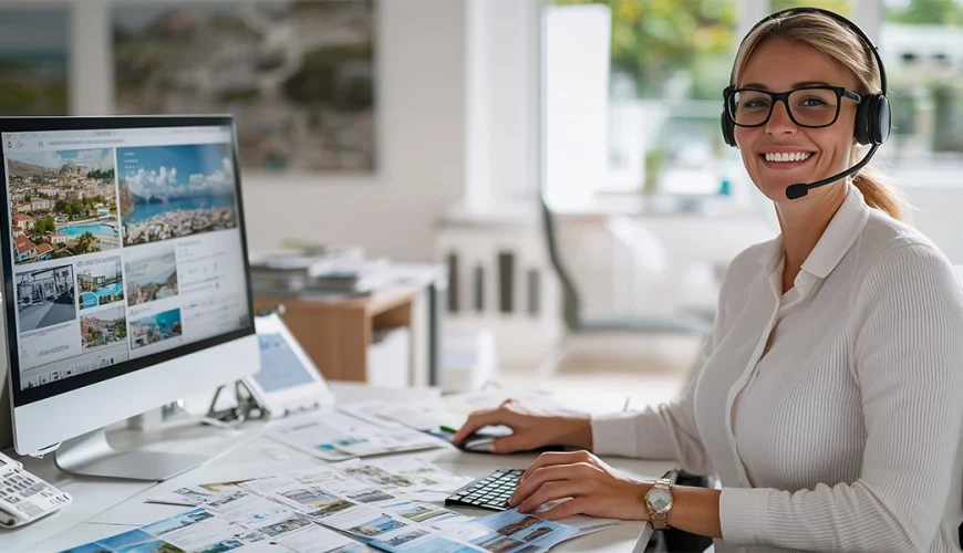 Corporate Travel Solutions consultant assisting clients at desk with headset and travel booking system on screen