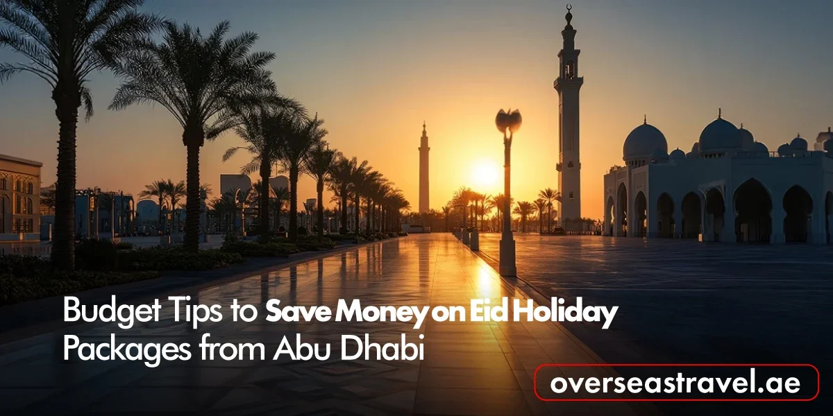 Eid holiday package from Abu Dhabi banner with mosque and palm trees at sunset