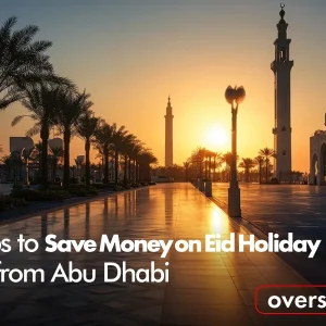 Eid holiday package from Abu Dhabi banner with mosque and palm trees at sunset