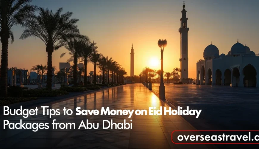 Eid holiday package from Abu Dhabi banner with mosque and palm trees at sunset