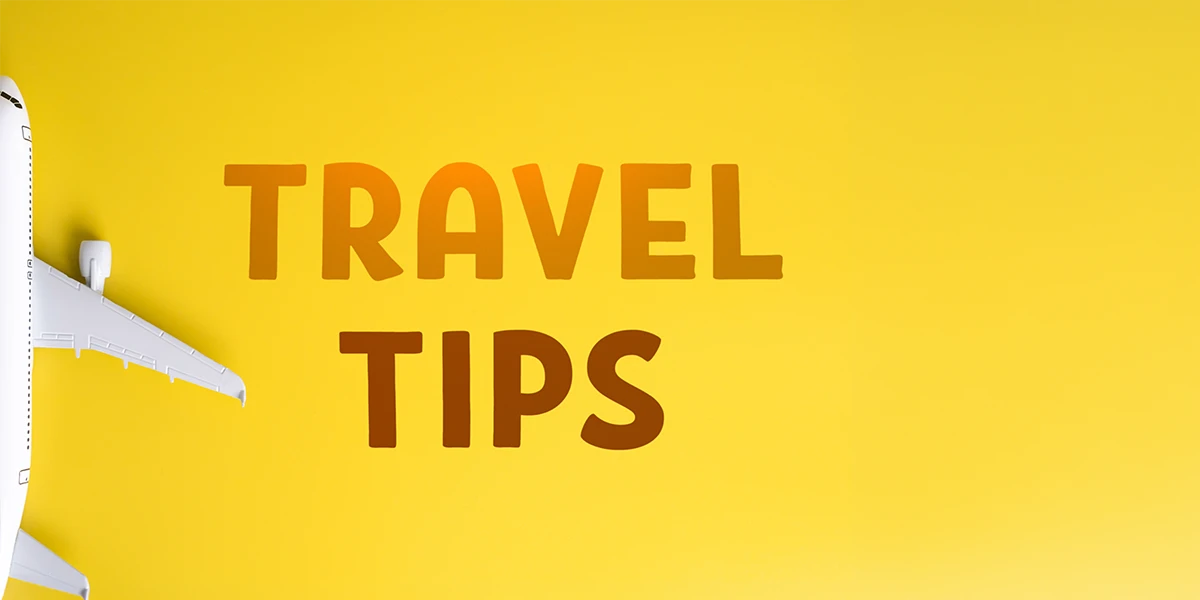 Holiday package travel tips banner with airplane wing on yellow background