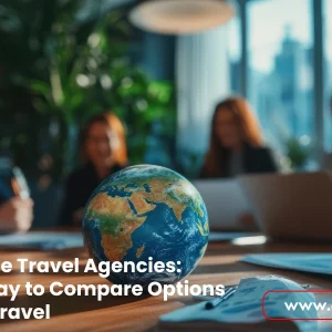A globe on a conference table with professionals in the background, representing global corporate travel agencies.