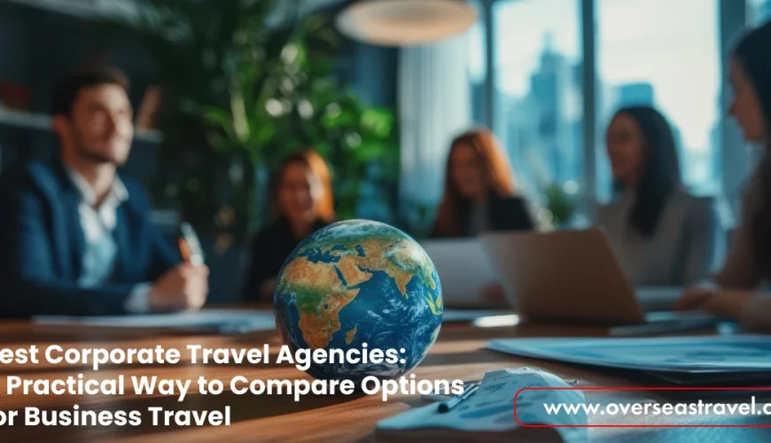 A globe on a conference table with professionals in the background, representing global corporate travel agencies.