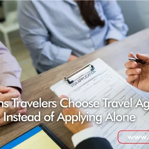 Client discussing visa application with consultant providing travel agency visa services