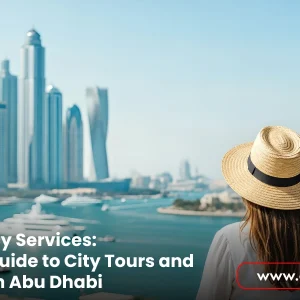 A couple wearing straw hats looks out over the Dubai Marina skyline and waterfront, promoting Tourist Agency Services for city tours and staycations in Abu Dhabi via the Overseas Travel website.
