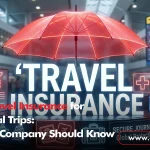 A digital graphic of a red umbrella protecting the words "Travel Insurance" in an airport setting, titled "Business Travel Insurance for International Trips: What Every Company Should Know.