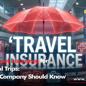A digital graphic of a red umbrella protecting the words "Travel Insurance" in an airport setting, titled "Business Travel Insurance for International Trips: What Every Company Should Know.