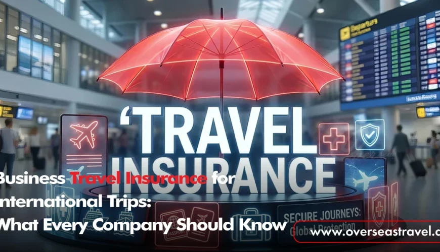 A digital graphic of a red umbrella protecting the words "Travel Insurance" in an airport setting, titled "Business Travel Insurance for International Trips: What Every Company Should Know.