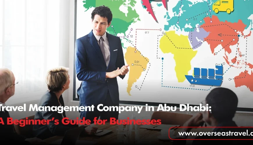 A professional presenter in a suit stands before a world map graphic illustrating global logistics and transport icons, discussing corporate travel solutions with a team in a boardroom.