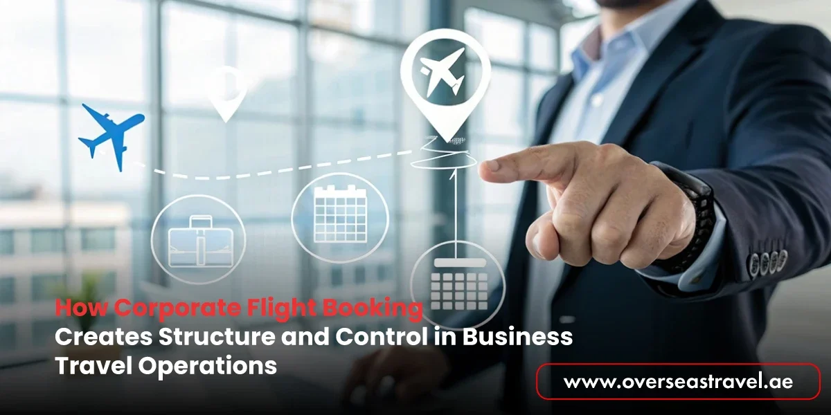 A professional pointing to a digital infographic illustrating how corporate flight booking creates structure in travel operations, featuring airplane, calendar, and suitcase icons.