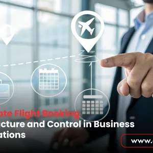A professional pointing to a digital infographic illustrating how corporate flight booking creates structure in travel operations, featuring airplane, calendar, and suitcase icons.