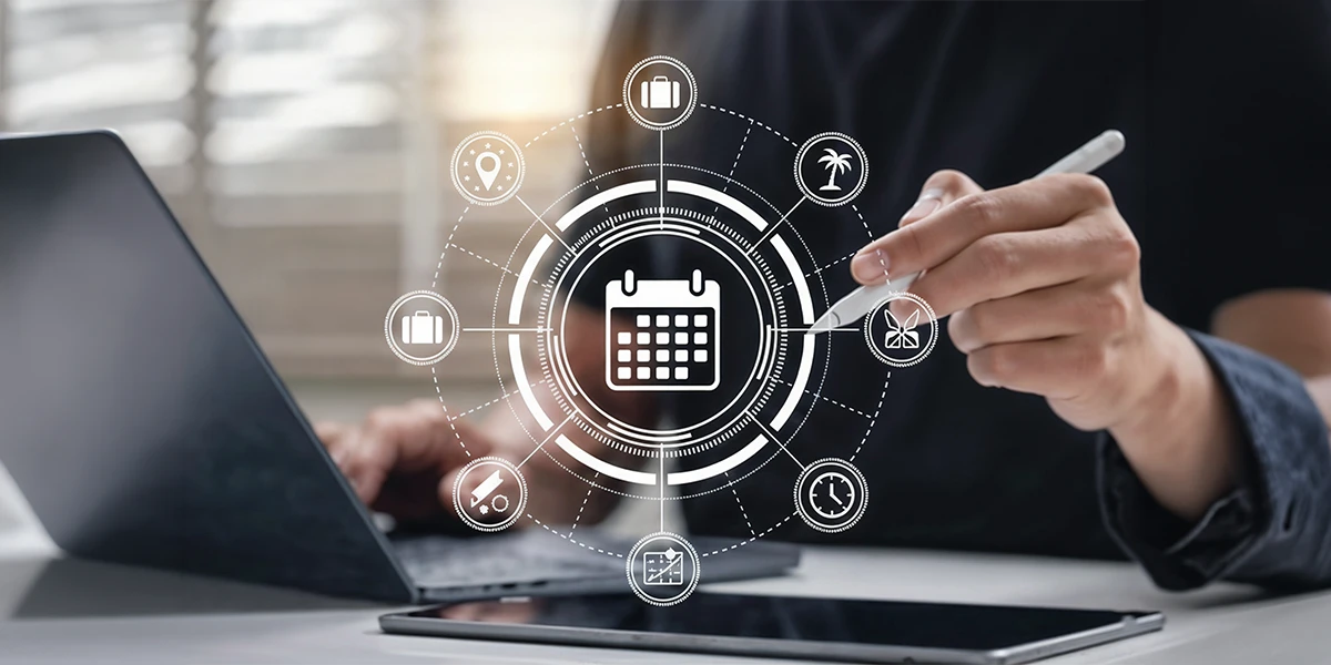 Close-up of a person using a stylus on a tablet with a digital calendar and travel icons overlay, representing the high-tech booking services of a Travel Management Company in Abu Dhabi.