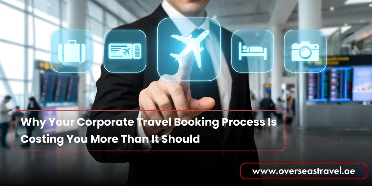 Corporate Travel Booking concept showing a business professional selecting flight, hotel, and travel options on a digital interface at an airport terminal.