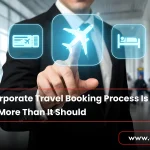 Corporate Travel Booking concept showing a business professional selecting flight, hotel, and travel options on a digital interface at an airport terminal.