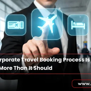 Corporate Travel Booking concept showing a business professional selecting flight, hotel, and travel options on a digital interface at an airport terminal.