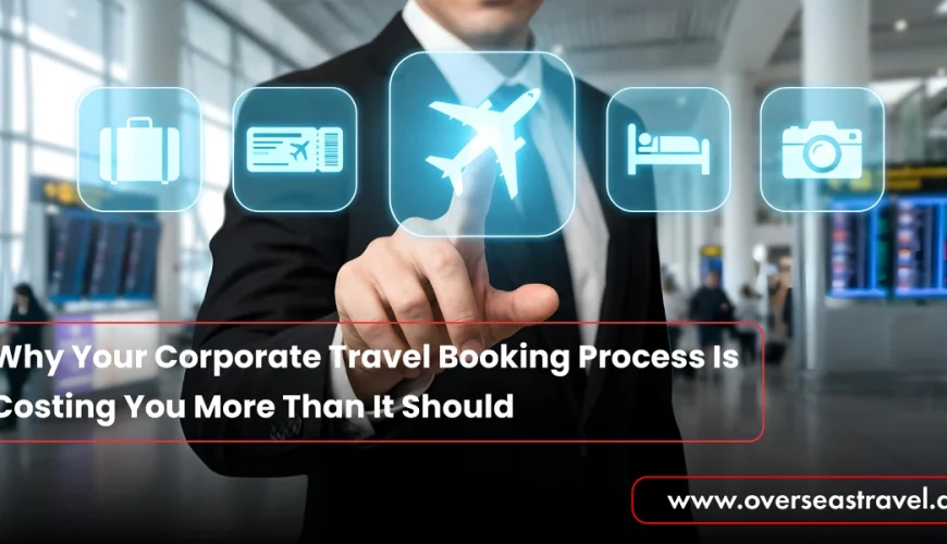 Corporate Travel Booking concept showing a business professional selecting flight, hotel, and travel options on a digital interface at an airport terminal.