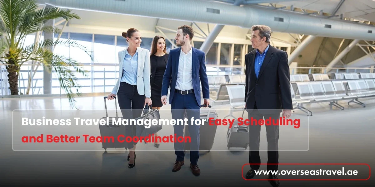 The image depicts business professionals at an airport using Business Travel Management services for coordinated corporate travel.