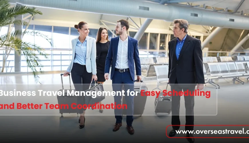 The image depicts business professionals at an airport using Business Travel Management services for coordinated corporate travel.