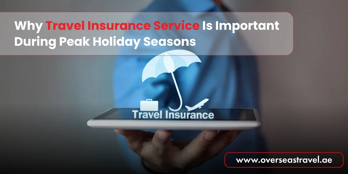 Travel Insurance Service displayed on a smartphone screen with an umbrella protection icon, highlighting the importance of travel coverage during peak holiday seasons.