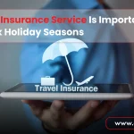 Travel Insurance Service displayed on a smartphone screen with an umbrella protection icon, highlighting the importance of travel coverage during peak holiday seasons.