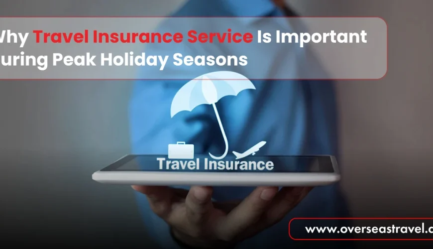 Travel Insurance Service displayed on a smartphone screen with an umbrella protection icon, highlighting the importance of travel coverage during peak holiday seasons.