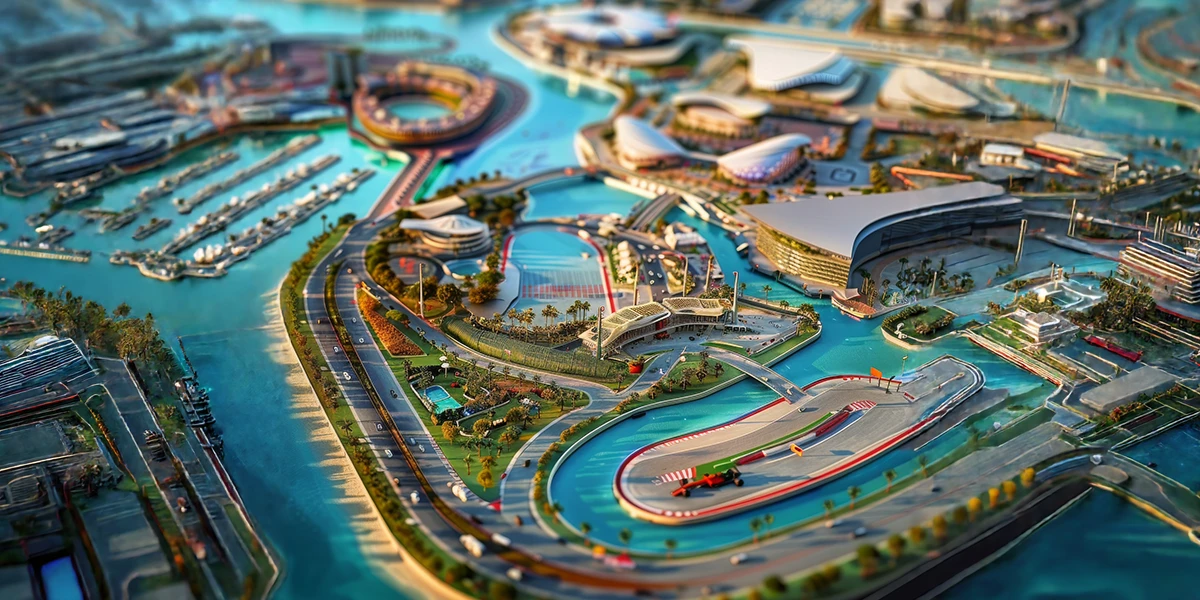 Yas Marina Circuit on Yas Island, Abu Dhabi, featuring the world-famous Formula 1 racetrack and marina waterfront.
