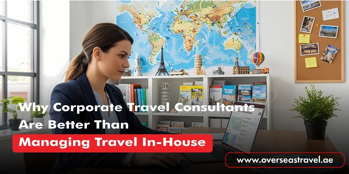 A professional Corporate Travel Consultant planning international business travel for corporate clients