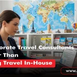 A professional Corporate Travel Consultant planning international business travel for corporate clients