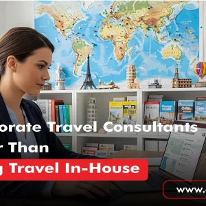 A professional Corporate Travel Consultant planning international business travel for corporate clients