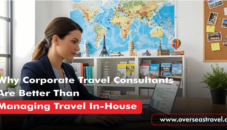 A professional Corporate Travel Consultant planning international business travel for corporate clients