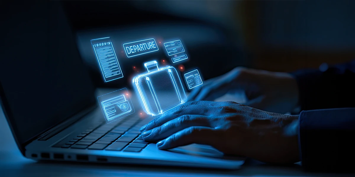 Business traveler booking flights online with a digital suitcase, passport, boarding pass, and departure details displayed on a laptop screen