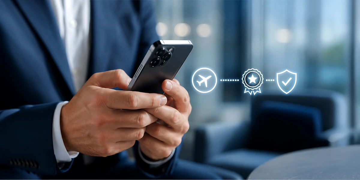 Business traveler using a smartphone with digital icons representing flight services, travel assistance, and security.