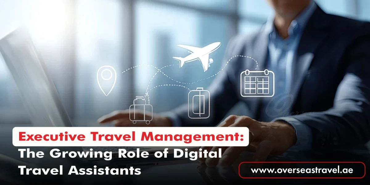 Executive Travel Management concept with digital travel planning and business trip coordination, featuring travel icons for flights, luggage, and schedules.