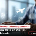 Executive Travel Management concept with digital travel planning and business trip coordination, featuring travel icons for flights, luggage, and schedules.