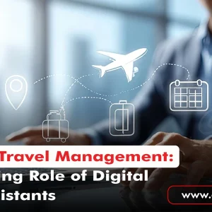 Executive Travel Management concept with digital travel planning and business trip coordination, featuring travel icons for flights, luggage, and schedules.