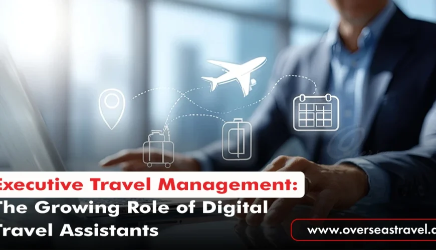 Executive Travel Management concept with digital travel planning and business trip coordination, featuring travel icons for flights, luggage, and schedules.