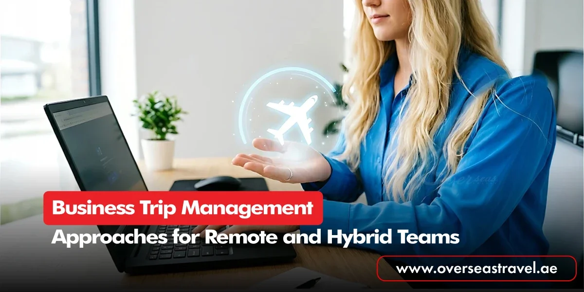 Business Trip Management solution featuring a professional organising corporate travel and flight bookings on a laptop.