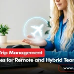 Business Trip Management solution featuring a professional organising corporate travel and flight bookings on a laptop.