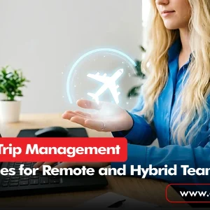 Business Trip Management solution featuring a professional organising corporate travel and flight bookings on a laptop.