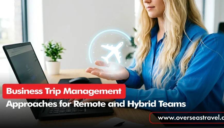 Business Trip Management solution featuring a professional organising corporate travel and flight bookings on a laptop.