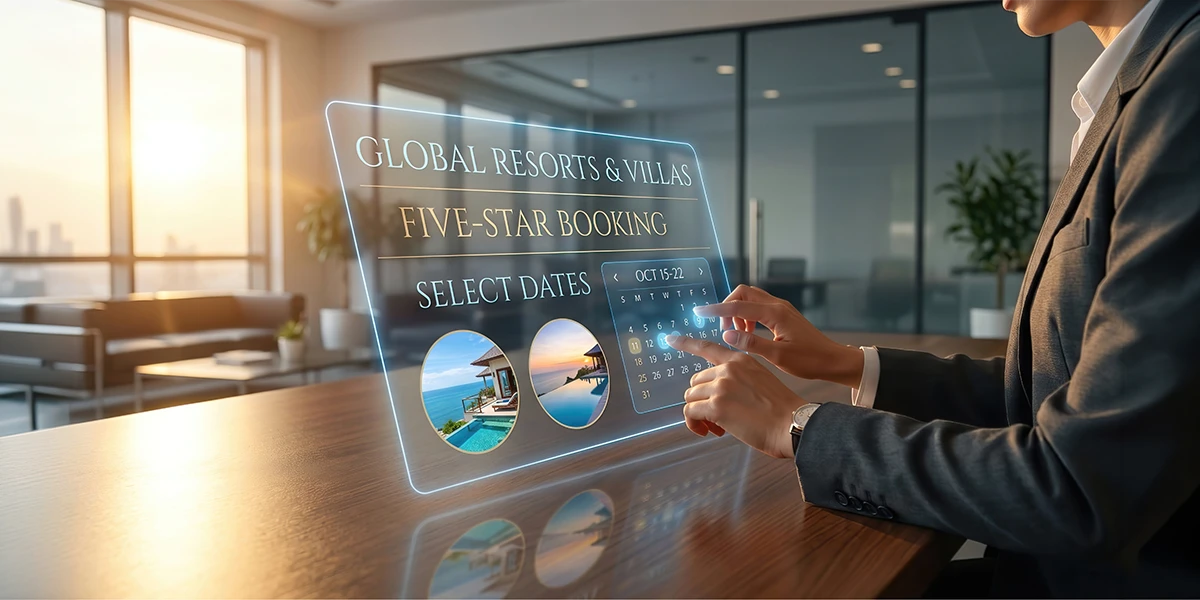 Travel consultant using a digital platform for resort and villa booking system on a transparent screen