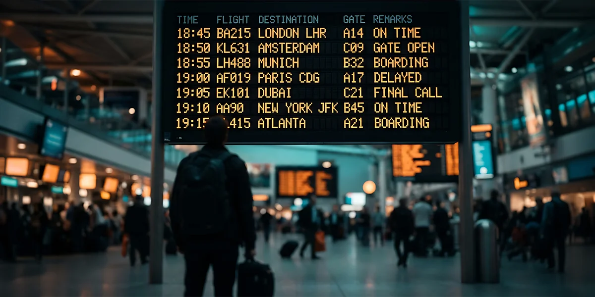Airport departure board displaying international flight schedules and status updates, with travelers waiting in the terminal.