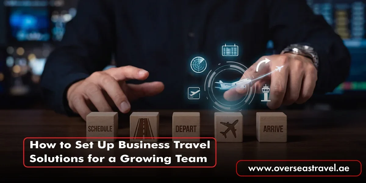 Business Travel Solutions concept showing a professional managing flight schedules, departures and arrivals with travel planning icons