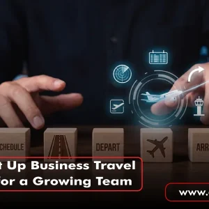 Business Travel Solutions concept showing a professional managing flight schedules, departures and arrivals with travel planning icons