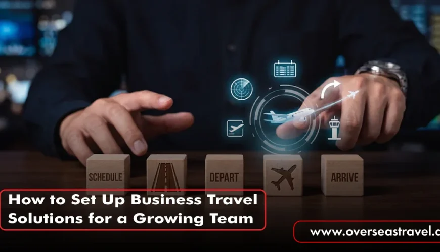 Business Travel Solutions concept showing a professional managing flight schedules, departures and arrivals with travel planning icons