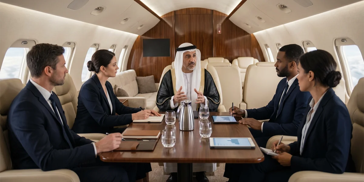 Business meeting inside a private jet with a UAE businessman and international business professionals discussing travel plans around a table