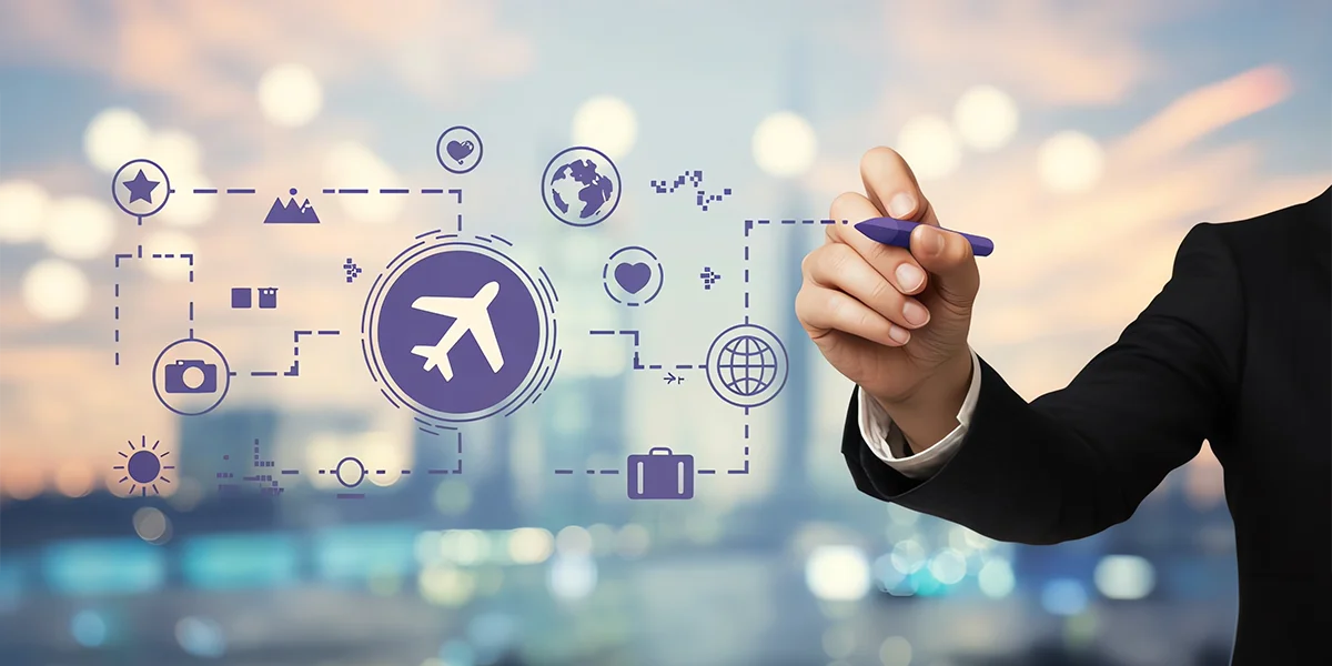 Hand in suit drawing travel icons for vacation planning and flight booking on digital interface copy