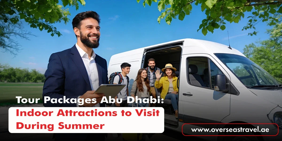 Tour Packages Abu Dhabi featuring travellers boarding a tour vehicle for indoor summer attractions